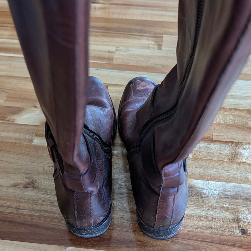Frye Tall Leather Boots Brown‎ Moto Equestrian Buckle Zip Size 5.5 - Picture 7 of 11